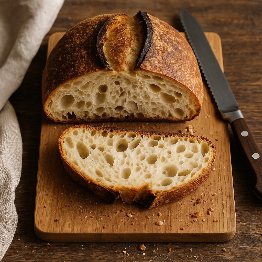 benefits of baking sourdough bread Crusty artisan sourdough loaf sliced open, showing airy crumb and golden crust on a rustic wooden board